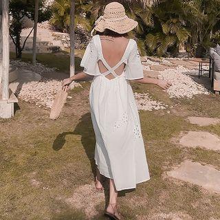 Backless Short-sleeve Midi A-line Dress