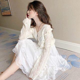Frill Trim Pointelle Knit Cardigan / Lace Panel Midi Layered Skirt