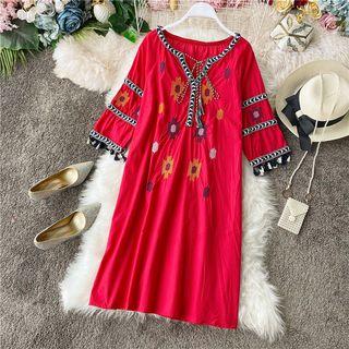 Embroidered 3/4-sleeve Dress Red - One Size