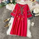Embroidered 3/4-sleeve Dress Red - One Size