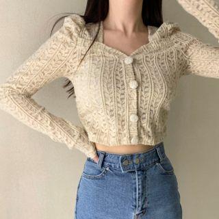 Puff Sleeve Single Breasted Lace Top