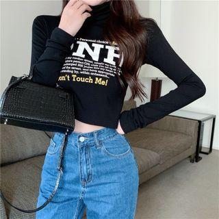 Long-sleeve Mock-neck Lettering Print T-shirt