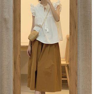 Sleeveless Ruffle Trim Blouse / Midi A-line Skirt