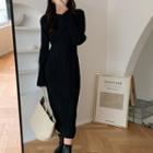 Long-sleeve Crinkled Midi Sheath Dress Black - One Size