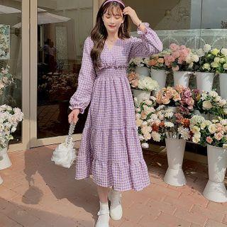 Long-sleeve Checked Tiered A-line Midi Dress