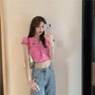 Short-sleeve Butterfly Embroidered Tie Dye Cropped Top