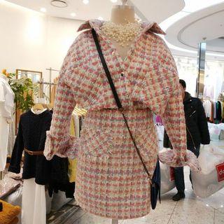 Set: Plaid Snap-button Jacket + Mini A-line Skirt