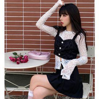 Long-sleeve Asymmetric Lace Top / Button-up Crop Top