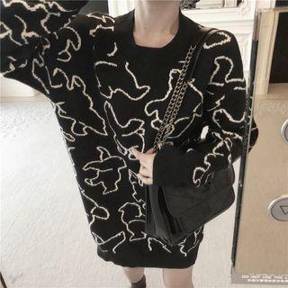Crew Neck Patterned Long Sweater Black - One Size