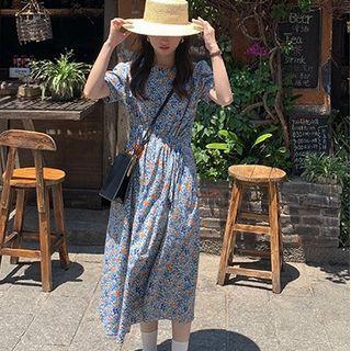 Short-sleeve Flower Print Drawstring Midi A-line Dress