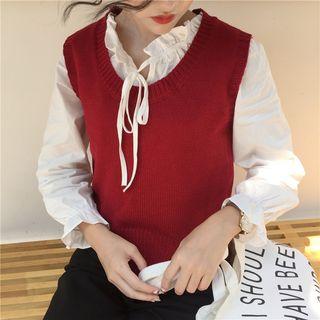 Tie-neck Blouse / Wave Hem Knit Vest