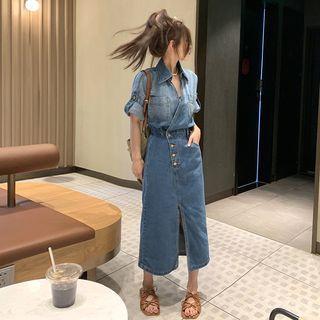Short-sleeve Wrap Midi Denim Shirtdress