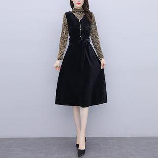 Long-sleeve Floral Print Mock-neck A-line Dress