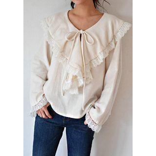 Tie-neck Capelet Lace-trim Blouse