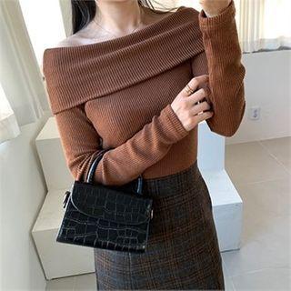Off-shoulder Fold-over Knit Top Brown - One Size