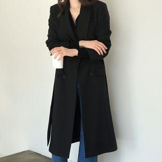 Double-breasted Long Coat With Sash Black - One Size