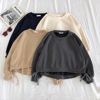 Plain Crewneck Lace-up Long-sleeve Fleece Sweatshirt