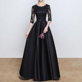Lace-panel Bow-accent Evening Gown