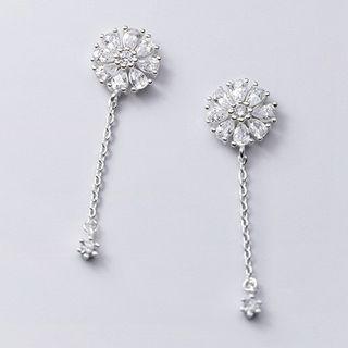 925 Sterling Silver Rhinestone Flower Dangle Earring 1 Pair - S925 Silver - One Size