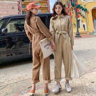 Corduroy Tie-waist Straight-cut Jumpsuit