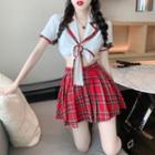 Short-sleeve Tie-front Crop Top / Pleated Mini A-line Skirt / Set