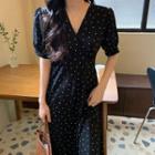 V-neck Dot Short-sleeve Dress Black - One Size