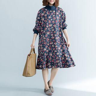 Mock Neck Floral Long-sleeve Midi A-line Dress