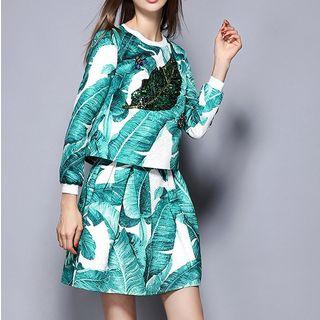 Set: Sequined Leaf Long-sleeve Top + A-line Skirt