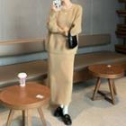 Set: Long-sleeve Plain Knit Sweater + Plain Knit Maxi Skirt
