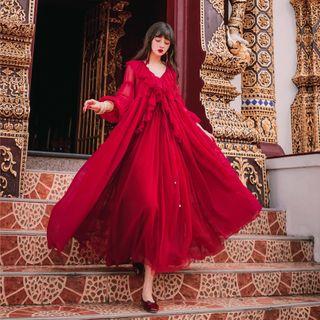 Set: Long-sleeve Maxi Chiffon Dress + Spaghetti Strap Dress