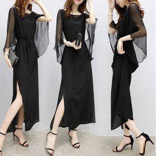 Sheer Elbow-sleeve Midi A-line Dress