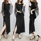 Sheer Elbow-sleeve Midi A-line Dress