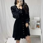 Puff-sleeve Single Breast Velvet Dress Black - One Size