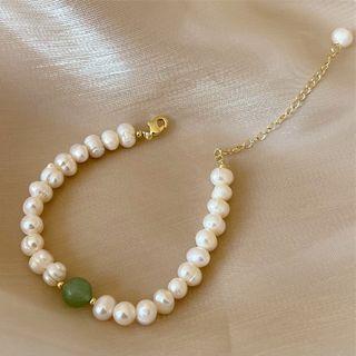 Faux Gemstone Freshwater Pearl Bracelet 1 Pc - White & Gold - One Size