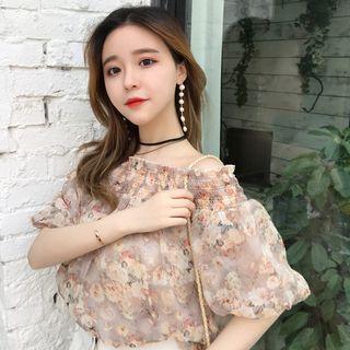 Long-sleeve Floral Off Shoulder Chiffon Top