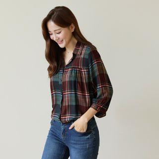 Tab-sleeve Checked Shirt Green - One Size