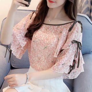 Floral Print Cold Shoulder Chiffon Top