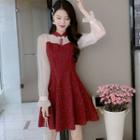 Puff-sleeve Glitter Paneled A-line Dress