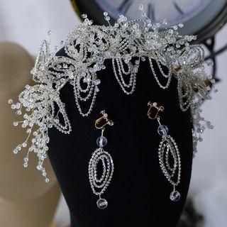 Set : Wedding Faux Crystal Headband + Dangle Earring Headband - Silver - One Size / 1 Pair - Earrings - Silver - One Size