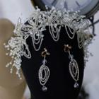 Set : Wedding Faux Crystal Headband + Dangle Earring Headband - Silver - One Size / 1 Pair - Earrings - Silver - One Size