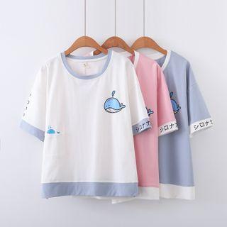 Contrast-trim Whale Print Short-sleeve Tee