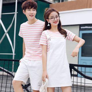 Couple Matching Striped Short-sleeve T-shirt / Pocketed Suspender Dress / Applique Shorts