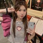 Ruffle Panel Striped T-shirt Black & White Stripes - Rose Pink - One Size