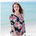 Set: Floral Print Bikini Top + Bottom + Cover-up Top