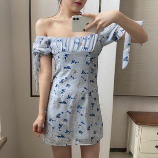 Balloon-sleeve Butterfly Print A-line Dress
