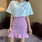 Smiley Face Print Elbow-sleeve T-shirt / Mini Straight-fit Skirt