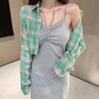 Long-sleeve Plaid Cropped Shirt / Spaghetti Strap Mini Sheath Dress