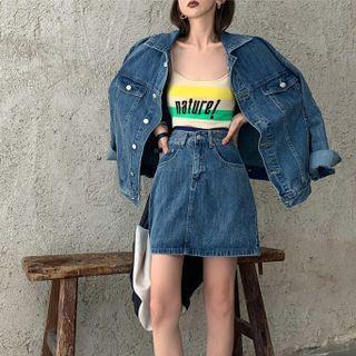 Distressed Loose-fit Denim Jacket / Slim-fit Denim Skirt