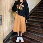 Cartoon Embroidered Pullover / Midi A-line Skirt
