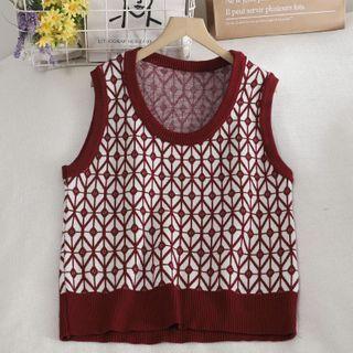 Contrast Trim Patterned Sleeveless Knit Top Red - One Size
